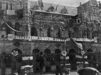 Dekorationen am Rathaus, Singapur, Illustration aus The King, 25. Mai 1901