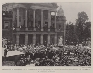 Proklamation von König Edward VII in Pietermaritzburg, Sir Walter Hely-Hutchinson, scheidender Gouverneur, liest die Proklamation im Parlamentsgebäude