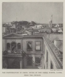 Die Unruhen auf Kreta, Ruinen der griechischen Schule, Canea, von der Kirche aus