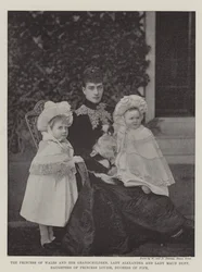 Die Prinzessin von Wales und ihre Enkelinnen, Lady Alexandria und Lady Maud Duff, Töchter von Prinzessin Louise, Herzogin von Fife