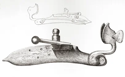 17. Jahrhundert Luntenschloss. Mechanismus oder Schloss zum Abfeuern einer Handfeuerwaffe, aus Die britische Armee: Ihre Ursprünge, Fortschritte und Ausrüstung, veröffentlicht 1868.