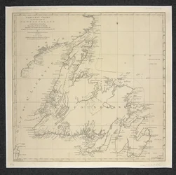 Allgemeine Karte der Insel Neufundland mit den Felsen und Tiefen, gezeichnet nach Vermessungen von James Cook und Michael Lane
