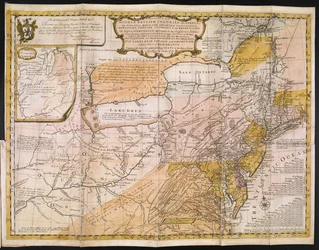 Eine allgemeine Karte der mittleren britischen Kolonien in Amerika; nämlich Virginia, Maryland, Delaware, Pennsylvania, New-Jersey, New-York, Connecticut und Rhode Island: von Aquanishuonîgy, dem Land der konföderierten Indianer ... Von den Seen Erie, Ont