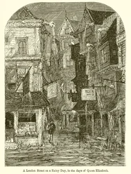 Eine Londoner Straße an einem Regentag zur Zeit von Königin Elisabeth