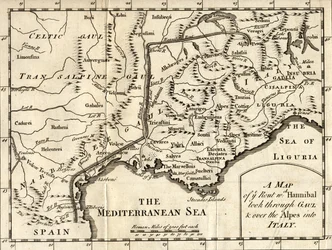 Karte der Route, die Hannibal durch Gallien und über die Alpen nach Italien nahm