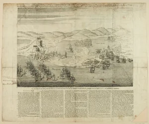 Eine perspektivische Zeichnung der Stadt, des Hafens und der Festungen von Cartagena im Jahr 1739, veröffentlicht 1741 (Kupferstich)