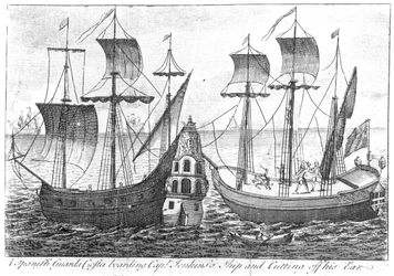 Eine spanische „Guarda Costa“ (Küstenwache) entert das Schiff von Kapitän Jenkins und schneidet ihm das Ohr ab, 1731