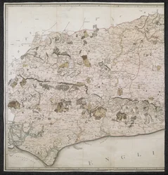 Topographische Karte der Grafschaft Sussex, unterteilt in Rapes, Deanries und Hundreds. Geplant nach einer tatsächlichen Vermessung im Maßstab von einem Zoll pro Meile