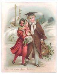 Viktorianische Weihnachtskarte mit einem Jungen, der einen Doktorhut trägt und seinen Arm um ein Mädchen legt, während sie durch den Schnee gehen, ca. 1880