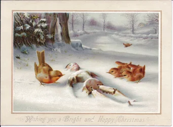 Viktorianische Weihnachtskarte von Rotkehlchen, die eine Holzpuppe im Schnee betrachten, ca. 1880