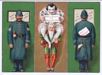 Eine viktorianische Weihnachtskarte mit einem Narr, Clown und Polizist, ca. 1880