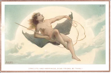 Eine viktorianische Karte eines nackten Mannes, der eine Rute hält und auf einem Paar riesiger Fledermausflügel durch die Wolken fliegt, ca. 1880