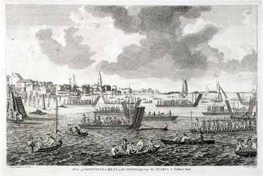 Ansicht von Gravesend in Kent, mit Truppen, die die Themse zum Tilbury Fort überqueren