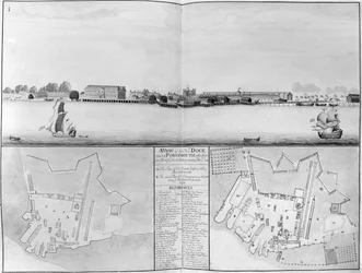 Ansicht der königlichen Werft in Portsmouth, gegenüber dem neuen Dock, 1698