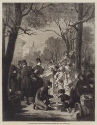 Eine Winterszene in Paris, Verteilung von Brot und Suppe an die Armen