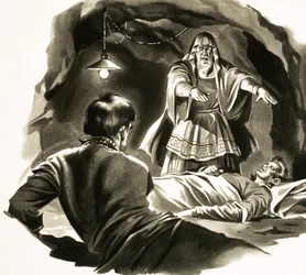 Ein Yankee am Hofe von König Artus. Illustration basierend auf der Geschichte von Mark Twain