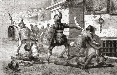 Ein Kampf zwischen Gladiatoren im antiken Rom, aus Ward und Locks Illustrierter Geschichte der Welt, veröffentlicht um 1882