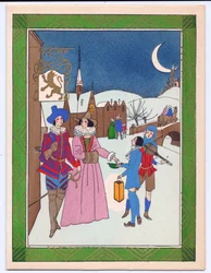 Eine handkolorierte französische Pochoir-Weihnachtskarte einer Tudor-Szene mit Straßenmusikanten, die für ihre Darbietung belohnt werden, ca. 1920