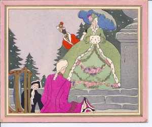 Eine handkolorierte französische Pochoir-Weihnachtskarte eines gepuderten Mannes, der aus einem Sänftestuhl aussteigt und von einer Dame in einem Hermelinpelzmantel mit ihrem schwarzen Diener empfangen wird, circa 1920