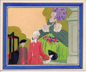 Eine handkolorierte französische Pochoir-Grußkarte von einem gepuderten Mann und einem Diener, die darauf warten, dass eine große Dame in ihre Kutsche einsteigt, um 1920
