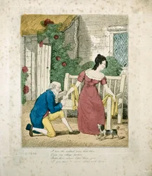 Handkolorierte lithografierte Szene eines Heiratsantrags, ca. 1800