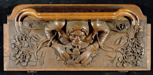 Eine Miserikordie, die einen Oger mit enormen Schultern darstellt, New College Chapel, Oxford, spätes 14. Jahrhundert