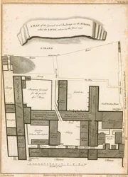 Ein Plan des Geländes und der Gebäude im Strand namens Savoy, aufgenommen im Jahr 1736