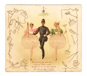 Eine Pop-up-Karte eines Polizisten und zwei Frauen, die den hohen Tritt machen, ca. 1920 (Farblithographie)
