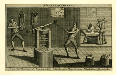 Eine Schraubenpresse in Betrieb bei der Royal Mint im Tower, aus dem Universal Magazine