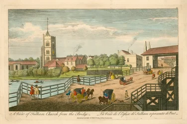 Ansicht der Fulham Church von der Brücke