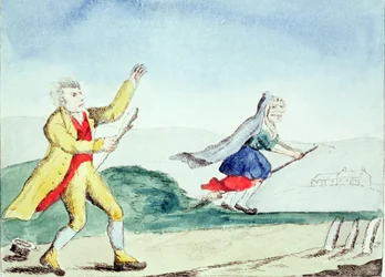 Eine Hexe erschreckt einen Mann mit einem Knüppel, ca. 1790er Jahre