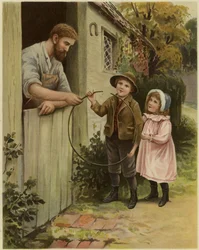 Ein Junge und ein Mädchen geben einen kaputten Reifen einem Schmied zur Reparatur