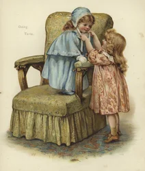 Ein junges Mädchen steht auf dem Kissen eines Sessels