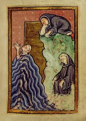 St. Cuthbert betet im Meer, beobachtet von einem Mönch, und lässt seine Füße von Seeottern trocknen, aus 