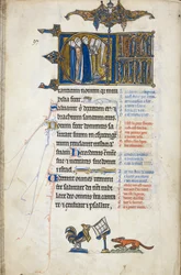 Add. 50000, fol. 146v, Psalm 97; Initiale "C", drei Kleriker singen an einem Lesepult. Am unteren Rand des Blattes predigt ein Hahn einem Fuchs, aus dem Oscott-Psalter, um 1265-70