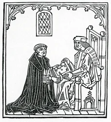 Alexander Barclay überreicht sein Buch seinem Gönner Thomas Cornish, Frontispiz zur englischen Übersetzung von 