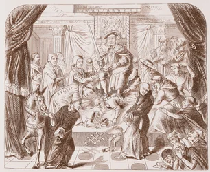 Allegorisches Bild von Heinrich VIII., der auf Papst Clemens tritt, aus einem alten Druck im British Museum