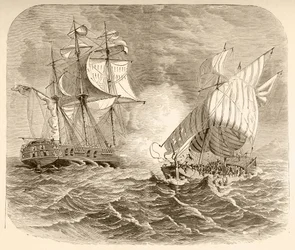 Ein amerikanisches Marineschiff erobert ein algerisches Piratenschiff vor der Barbareskenküste während des Ersten Barbareskenkriegs (Lithografie)