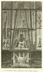 Ein Artesischer Brunnen, der das aufsteigende Wasser zeigt (Stich)