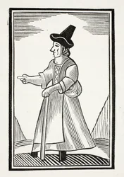 Eine alte Frau schimpft in einem hohen Hut, Illustration aus Chap-books des achtzehnten Jahrhunderts von John Ashton, veröffentlicht 1882