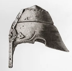 Ein früher Nasenhelm aus dem 12. Jahrhundert, aus Die britische Armee: Ihre Ursprünge, Fortschritte und Ausrüstung, veröffentlicht 1868.