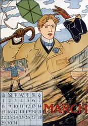 Ein eleganter Mann kämpft mit dem Wind - Englisches Kalenderbild, März, Ende des 19. Jahrhunderts