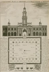 Eine Erhebung, ein Plan und die Geschichte der Royal Exchange, London