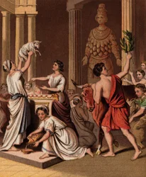 Antike Griechen mit ihren Tieren an einem Tempel