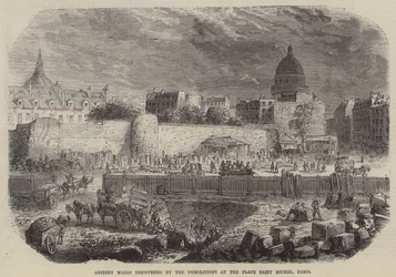 Alte Mauern entdeckt durch die Abrisse am Place Saint Michel, Paris (Gravur)