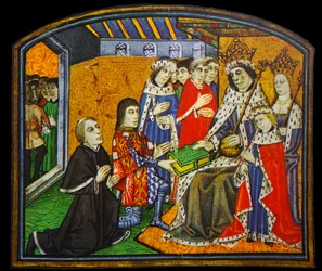Anthony Woodville, Earl Rivers, überreicht die Diktate und Sprüche der Philosophen seinem Schwager Edward IV.