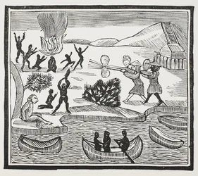Ankunft von Wilden mit christlichem Gefangenen, Illustration aus Chap-books des achtzehnten Jahrhunderts von John Ashton, veröffentlicht 1882