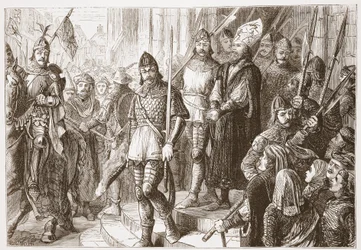 Als sie ihn aus der Kirche führten... begann er zu singen, Credo in Unum Deum, Illustration aus Die Geschichte des Protestantismus von James Aitken Wylie, veröffentlicht 1878