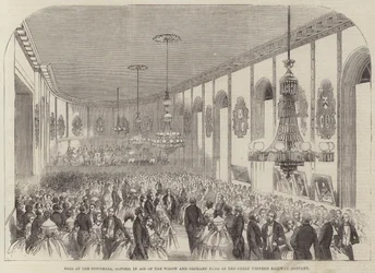 Ball im Rathaus, Oxford, zugunsten des Witwen- und Waisenfonds der Great Western Railway Company (Stich)