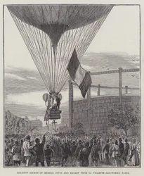 Ballonaufstieg von Messers Jovis und Mallet von den Gaswerken La Villette, Paris (Gravur)